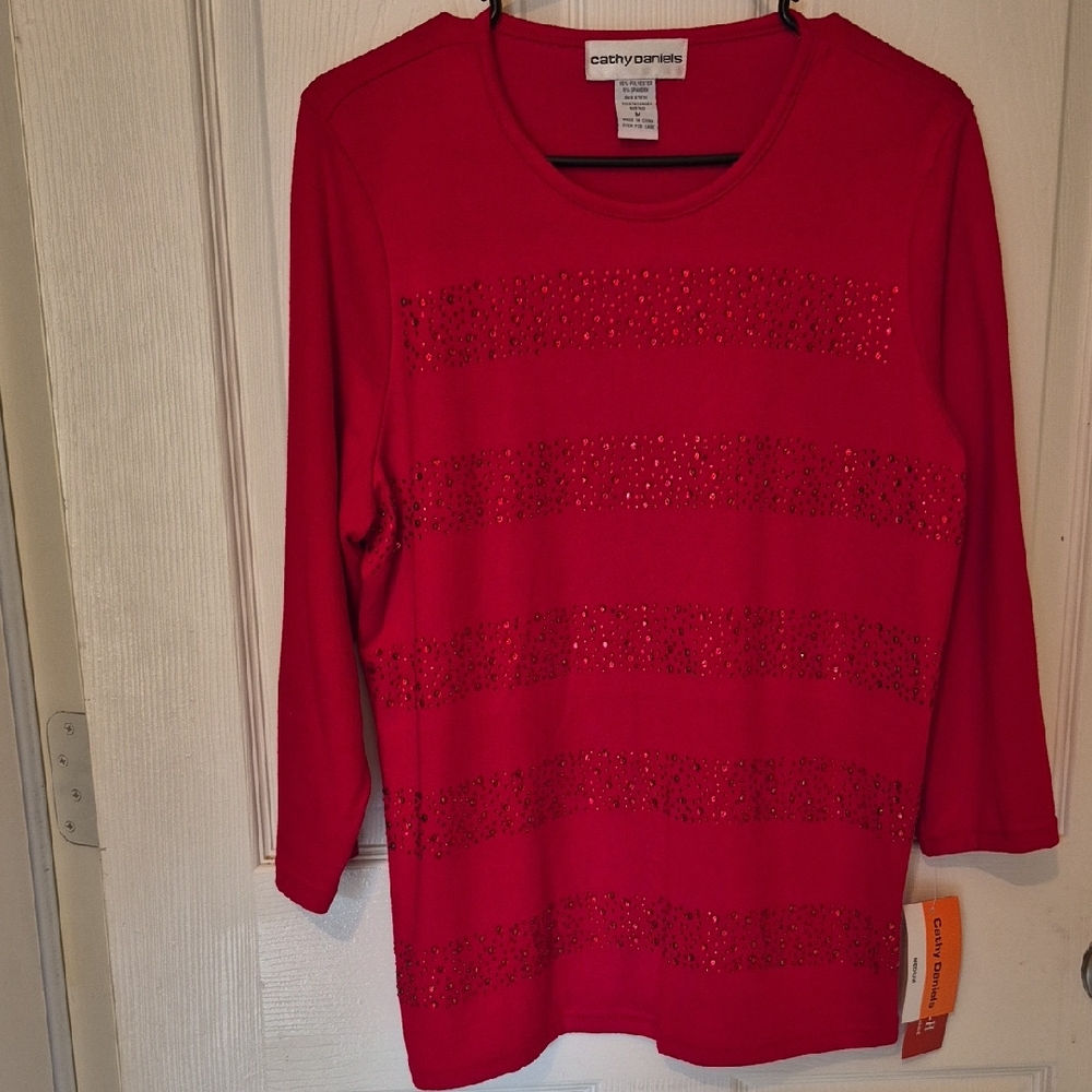 Cathy Daniels Women's Vibrant Red Sequin Long Sleeve Top